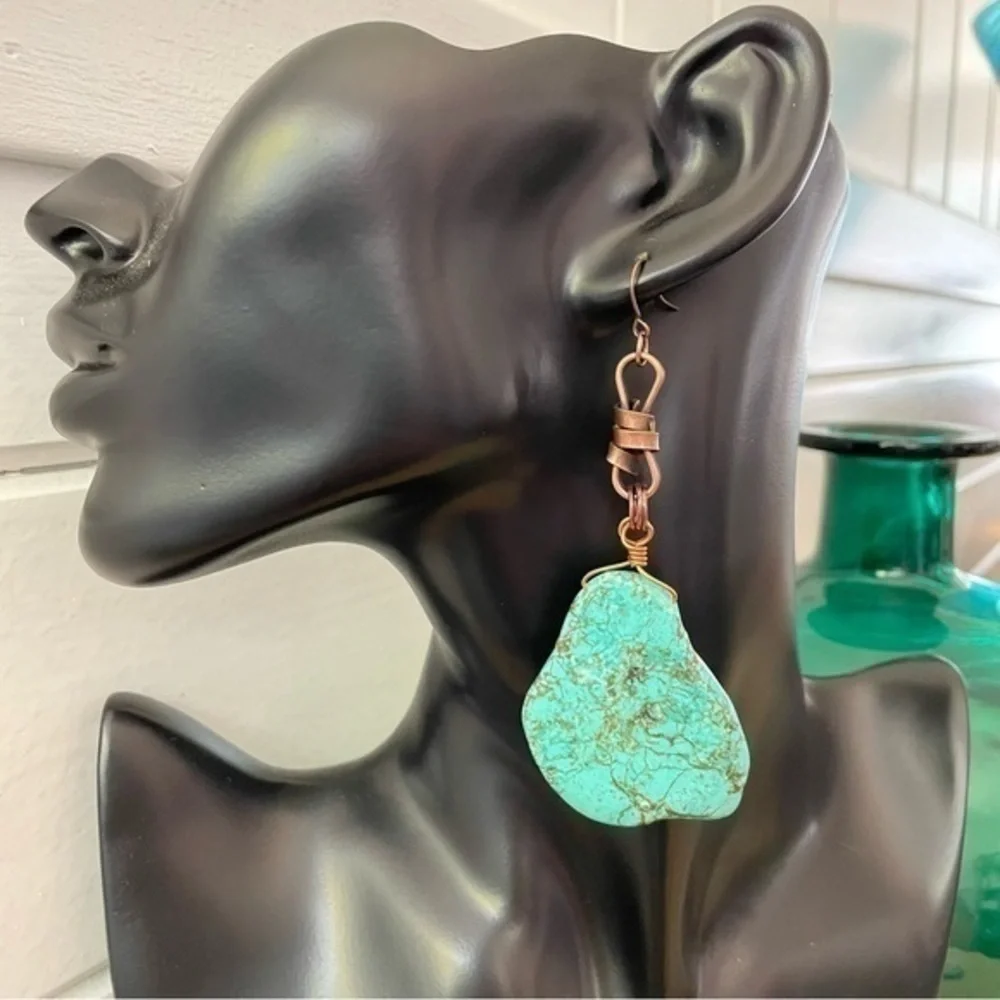 2/$49 Handmade Blue Imperial Jasper Mixed Copper Statement Earrings 4” Gift West